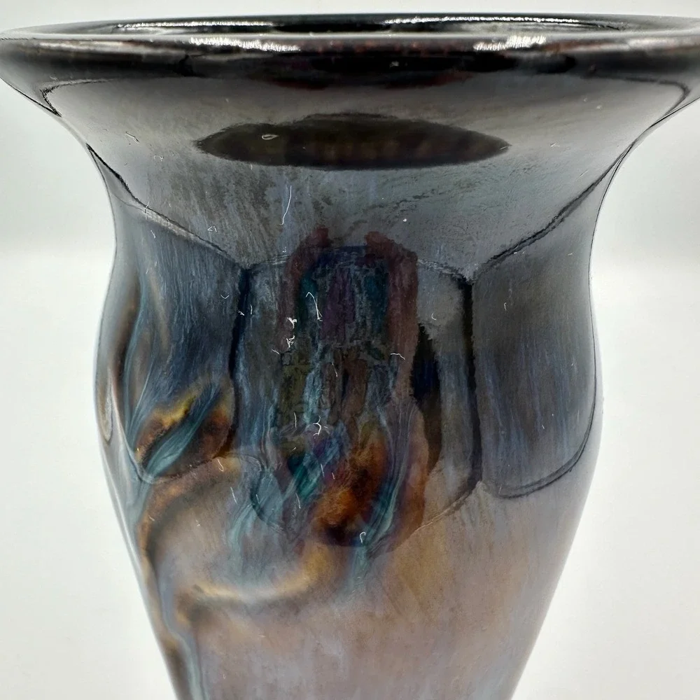 Signed Bill Campbell Studio Pottery Vase‎ Iridescent Blue Brown Glaze 7.5